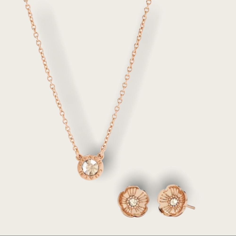NEW Coach Open Circle Necklace & Tea Rose Stud Earrings  Style C6604 Rose Gold - Picture 12 of 12